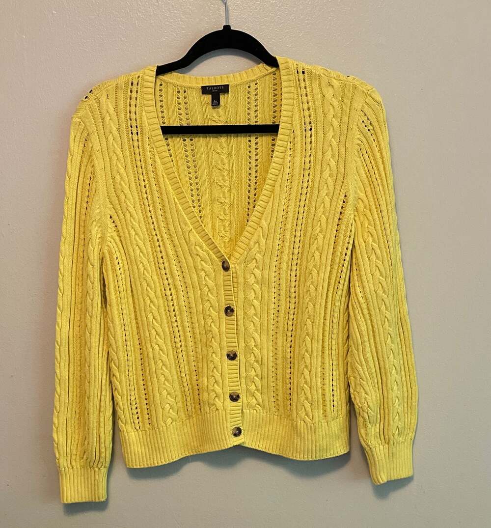 Talbots Polished Yellow Cable Knit Pointelle Cardigan Sweater Size LP